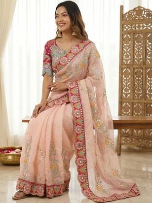 Peach woven design embroidered silk blend fusion saree 2