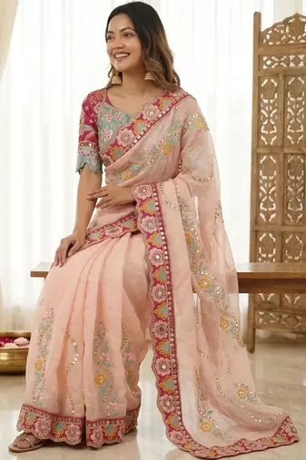 Peach woven design embroidered silk blend fusion saree