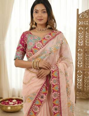 Peach woven design embroidered silk blend fusion saree 3