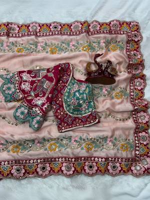 Peach woven design embroidered silk blend fusion saree 4