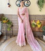 Pink embroidery work saree with unstitched blouse piece