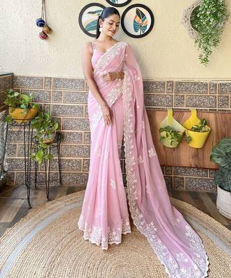 Pink embroidery work saree with unstitched blouse piece 2