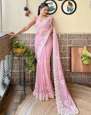 Pink embroidery work saree with unstitched blouse piece 3