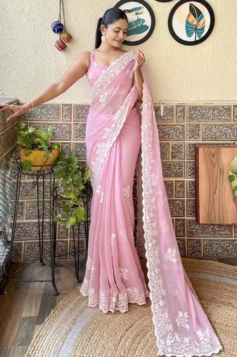 Pink embroidery work saree with unstitched blouse piece