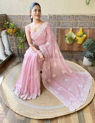 Pink embroidery work saree with unstitched blouse piece 4