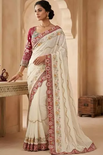 Off white floral embroidered silk blend fusion saree