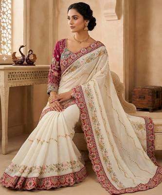 Off white floral embroidered silk blend fusion saree 2