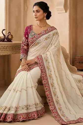 Off white floral embroidered silk blend fusion saree
