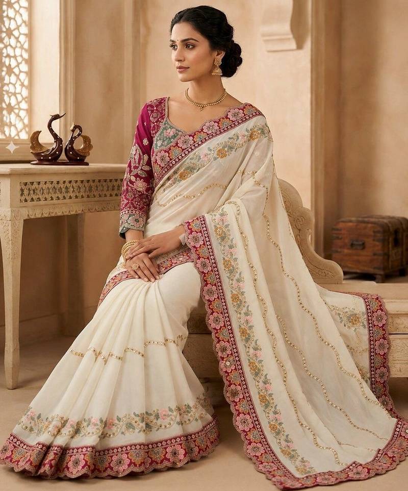 Off white floral embroidered silk blend fusion saree