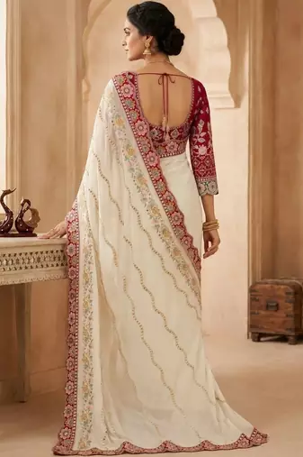 Off white floral embroidered silk blend fusion saree