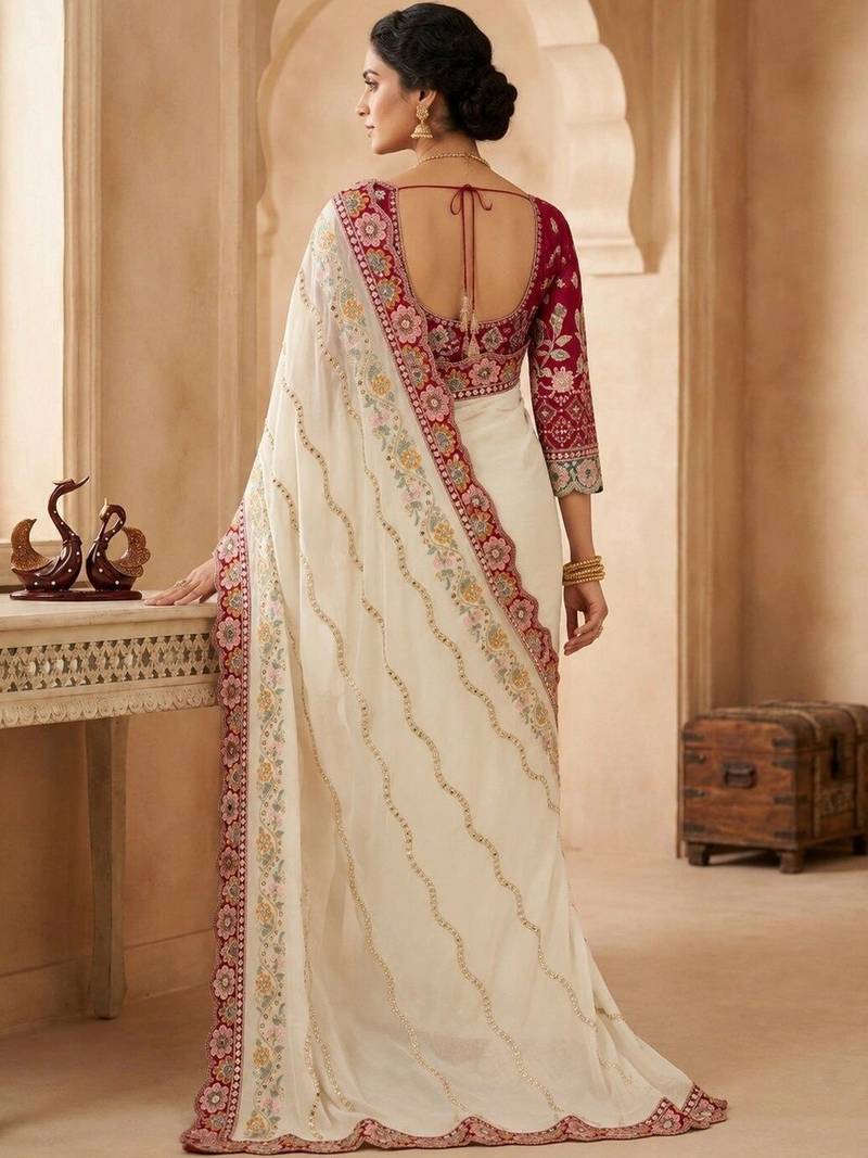 Off white floral embroidered silk blend fusion saree