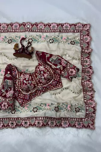 Off white floral embroidered silk blend fusion saree