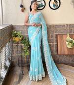 Blue embroidered saree with unstitched blouse piece