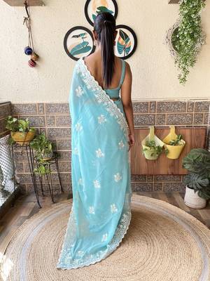 Blue embroidered saree with unstitched blouse piece 2