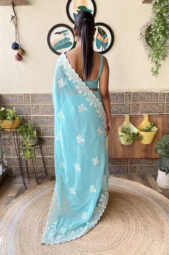 Blue embroidered saree with unstitched blouse piece