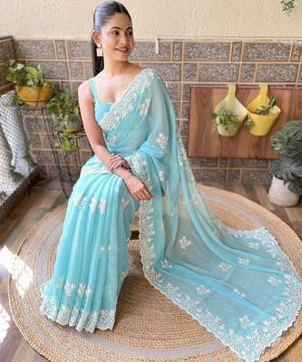 Blue embroidered saree with unstitched blouse piece 3