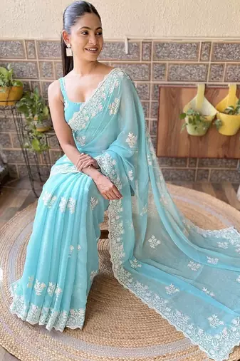 Blue embroidered saree with unstitched blouse piece