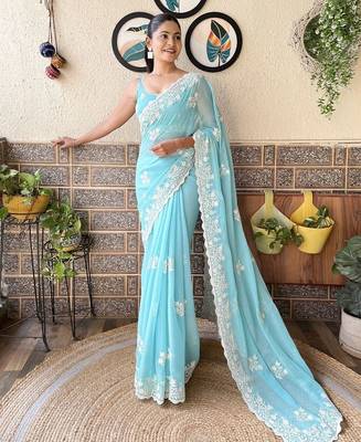 Blue embroidered saree with unstitched blouse piece 4