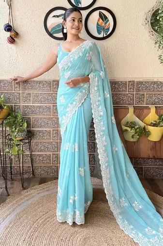 Blue embroidered saree with unstitched blouse piece