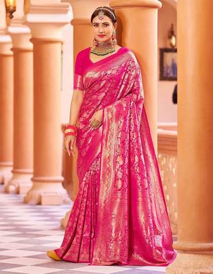 Pink ethnic motifs woven design zari saree 1