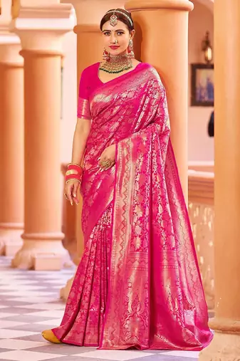 Pink ethnic motifs woven design zari saree