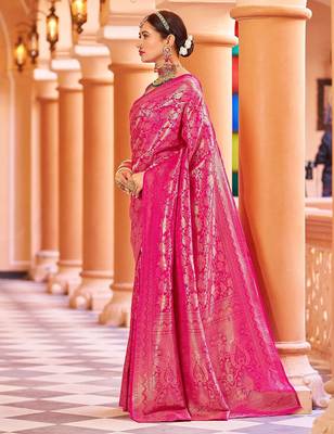 Pink ethnic motifs woven design zari saree 2