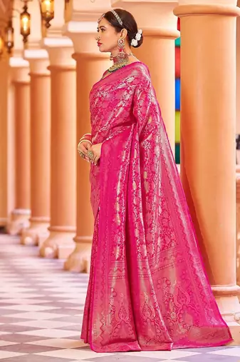 Pink ethnic motifs woven design zari saree
