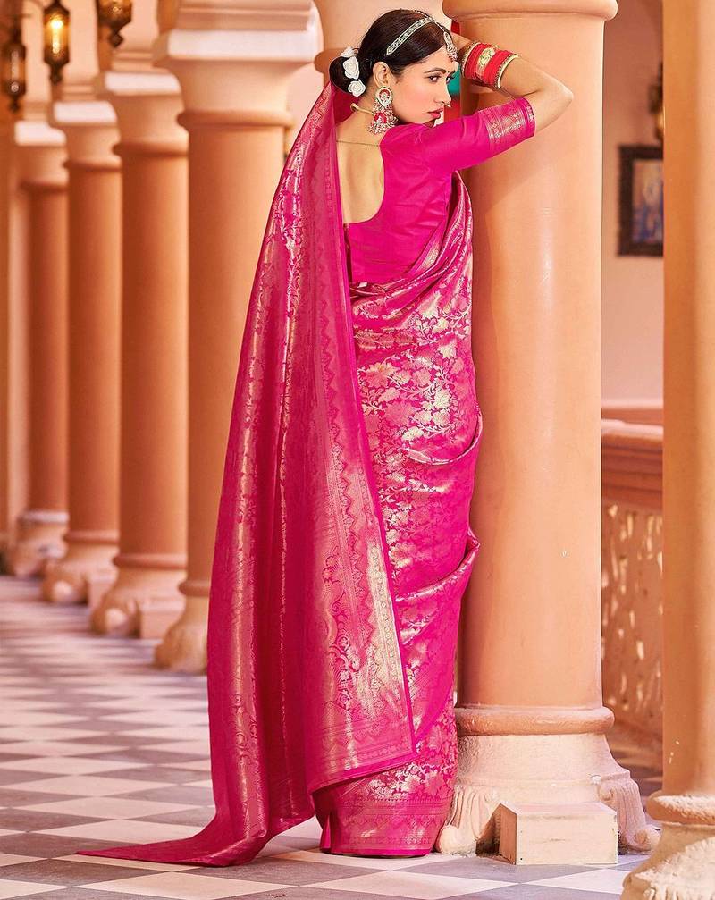 Pink ethnic motifs woven design zari saree