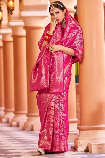 Pink ethnic motifs woven design zari saree