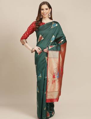 Green green & golden ethnic motifs zari banarasi saree 1