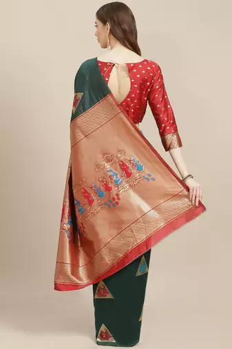 Green green & golden ethnic motifs zari banarasi saree