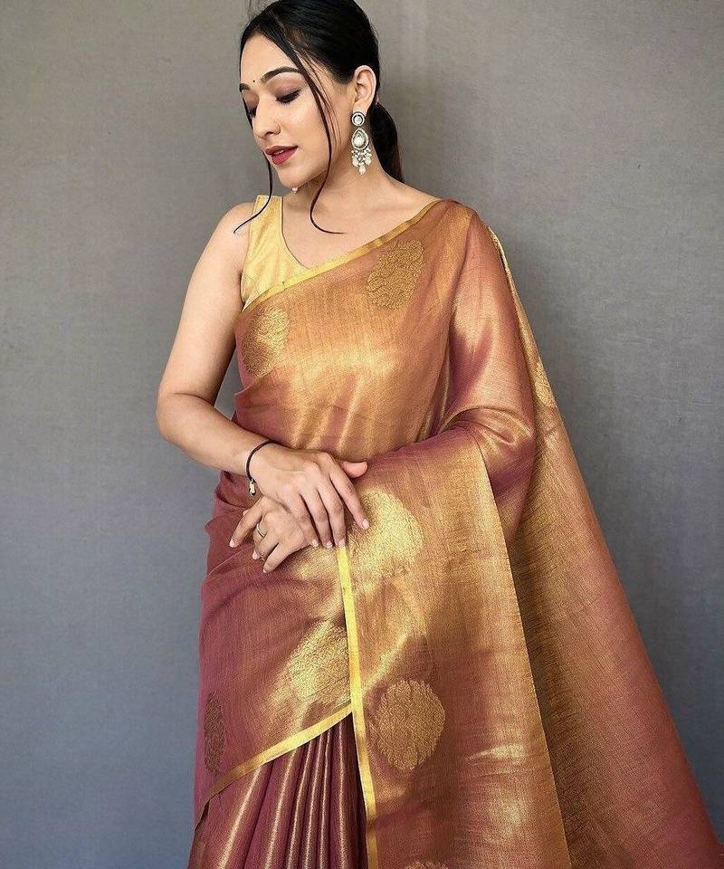 Brown zari tissue designer saree