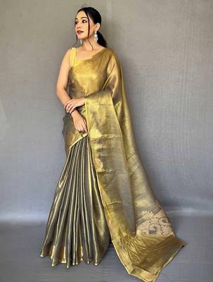 Black women black tissue silk zari woven saree with blouse piece 1