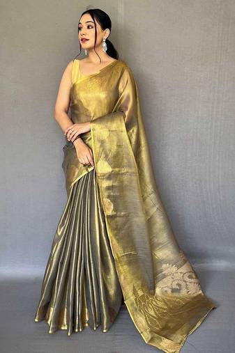 Black women black tissue silk zari woven saree with blouse piece