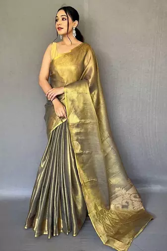 Black women black tissue silk zari woven saree with blouse piece