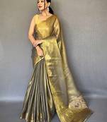 Black women black tissue silk zari woven saree with blouse piece