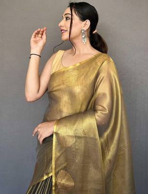 Black women black tissue silk zari woven saree with blouse piece 2