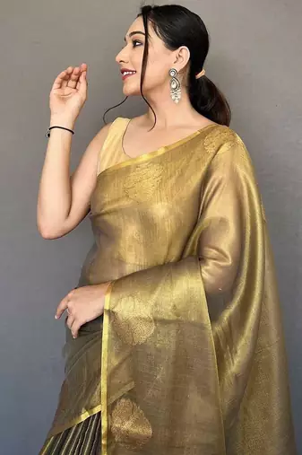 Black women black tissue silk zari woven saree with blouse piece