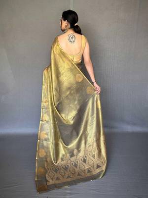 Black women black tissue silk zari woven saree with blouse piece 3