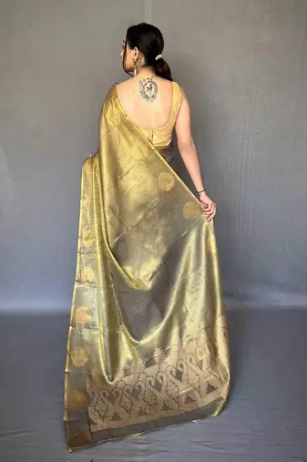 Black women black tissue silk zari woven saree with blouse piece