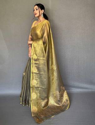 Black women black tissue silk zari woven saree with blouse piece 4