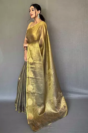 Black women black tissue silk zari woven saree with blouse piece
