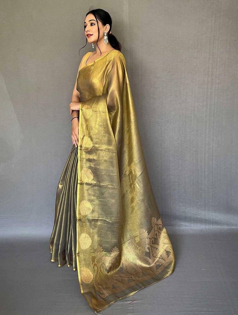 Black women black tissue silk zari woven saree with blouse piece