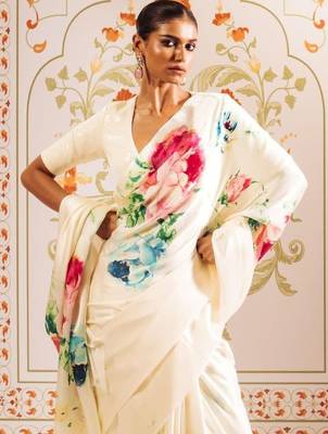 Off white floral sequinned satin designer block print saree 1