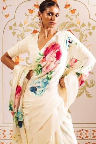 Off white floral sequinned satin designer block print saree