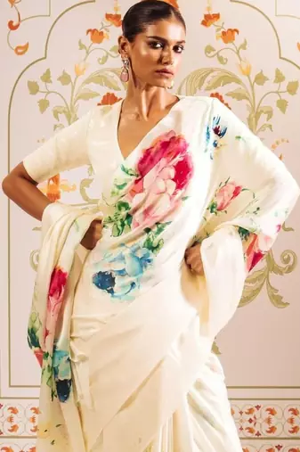 Off white floral sequinned satin designer block print saree