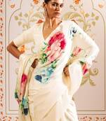 Off white floral sequinned satin designer block print saree