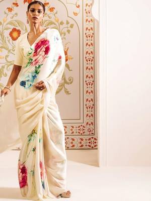 Off white floral sequinned satin designer block print saree 2