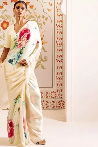 Off white floral sequinned satin designer block print saree