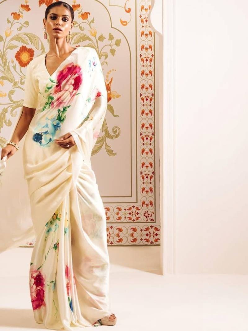 Off white floral sequinned satin designer block print saree